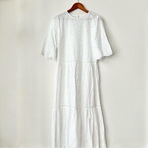 BOUTIQUE | EYELET SCALLOPED WHITE SHORT SLEEVE COTTON MIDI DRESS DROP WAIST